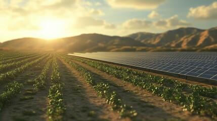 A wide shot of a solar panel field, with rows of solar panels converting sunlight into renewable energy.