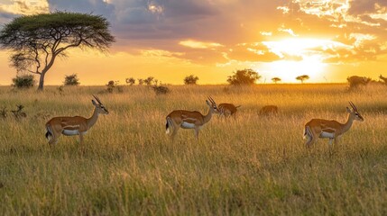 Naklejka premium A wide shot of antelopes grazing on the savannah, with the sun low in the sky and the grasses glowing in the soft evening light.