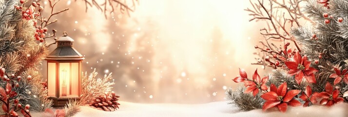 Cozy Winter Scene with Lantern and Red Flowers