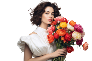 Graceful woman dressed in an A-line dress, holding a colorful bouquet of tulips, set against a stark white background