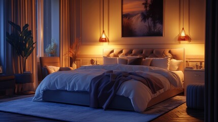 A dynamic shot of a luxurious bedroom with a large bed, soft lighting, and elegant decor
