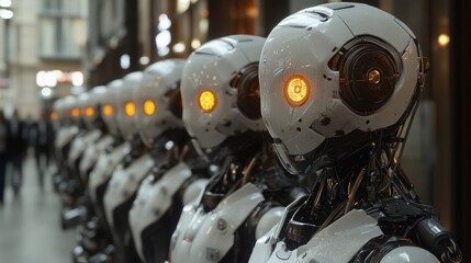 Fototapeta premium Futuristic Robot Army in Urban Setting Artificial Intelligence AI Cyborg Technology