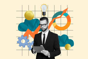 Creative collage young handsome businessman work optimization startup idea solution charts economy...