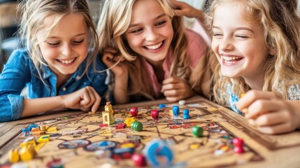 Fototapeta premium With smiles and laughter, three young girls gather around a vibrant board game at home, engrossed in friendly competition during a bright afternoon