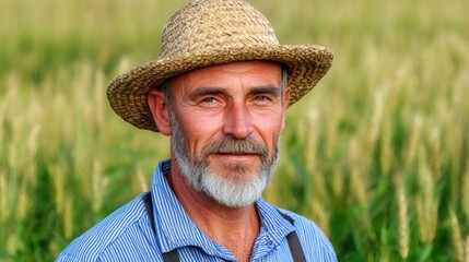 Fototapeta premium A seasoned farmer smiles confidently while wearing a straw hat amid tall, vibrant green crops. The sunny afternoon highlights his experience and connection to the land