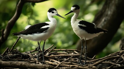 Obraz premium Black and White Birds in a Nest: Nature Photography