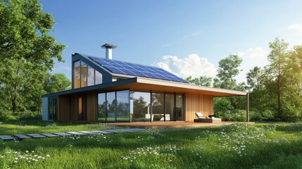 A dynamic shot of a net-zero energy house, fully powered by renewable energy sources