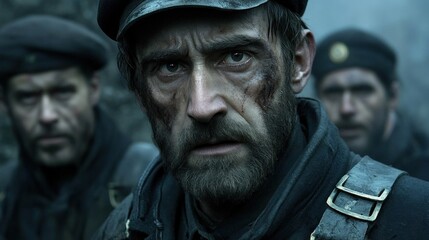 Three soldiers with intense expressions navigate a foggy forest, embodying the tension and despair of war in a historical setting, highlighting their rugged appearance and determined gaze