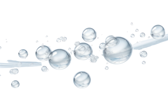 Floating hyaluronic acid bubbles with a soft gradient and a subtle shine suspended in a clear medium isolated on white background