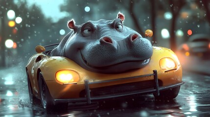 A cheerful hippopotamus driving a sleek sports car with a wide joyful grin on its face showcasing an imaginative and humorous scene of an unusual animal in an unexpected situation