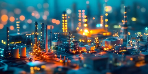 Fototapeta premium Compact and Efficient Energy Facility Glowing with Renewable Solar and Wind Power at Twilight in a Vibrant Pastel Hued Cityscape
