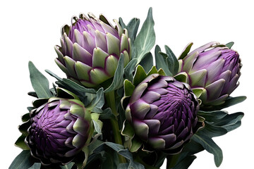Fototapeta premium Fresh, blooming artichokes with rich, green and purple tones, highlighting the contrast between the blooming petals and the clean white background.