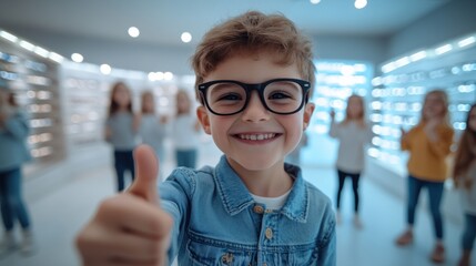 A young boy wearing glasses smiles widely while giving a thumbs up in an optical store, surrounded by friends who appear to be having fun in the background