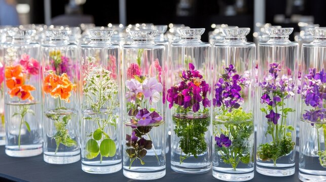 A vibrant collection of various flowers, arranged in elegant glass vases, showcases artistry and nature's beauty at a floral exhibition on a sunny day in a lively city