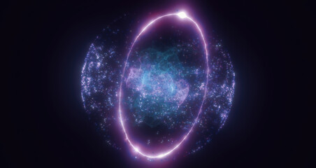 A brilliant purple sphere with glowing circular trails and particles, radiating light, energy, and cosmic mystery