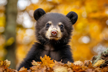 Obraz premium Autumn wood with little bear generated Ai image