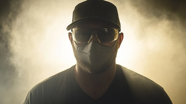 The individual stands with a strong posture, emphasizing an air of intrigue amidst the smoke. Backlighting creates a dramatic effect, enhancing the enigmatic vibe of the moment