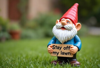 Obraz premium Lawn gnome holding a sign that reads Stay off my lawn