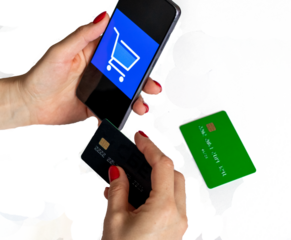 Shot of the woman holding black credit card.