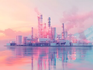 Obraz premium Pastel palette miniature oil refinery with a compact and modular design blending innovative and environmentally driven technology with harmonious nature