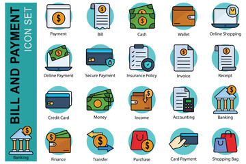 Payment colored outline icon set. icon related to bill and payment. payment, bill, bash, wallet, and more. business element vector illustration