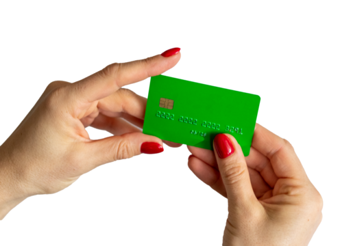 Shot of the woman holding green credit card. - Powered by Adobe