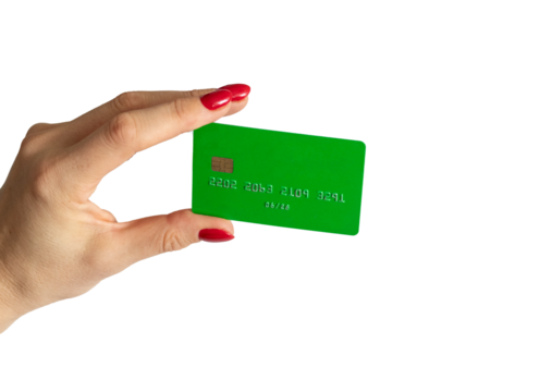Shot of the woman holding green credit card. - Powered by Adobe