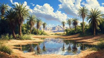 Obraz premium An oasis in the middle of the desert, with lush palm trees surrounding a small, tranquil water source, reflecting the sky above.