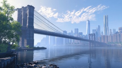 Obraz premium A majestic suspension bridge spanning a wide river, with city skyline in the background
