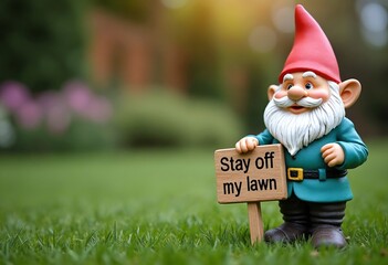 Obraz premium Lawn gnome holding a sign that reads Stay off my lawn
