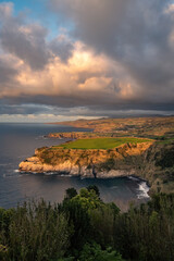 Breathtaking view of the cliff Atlantic ocean coat at sunset Azores islands Portugal