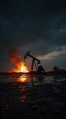 Obraz premium Oil crisis concept with pump jack and fire on dark background