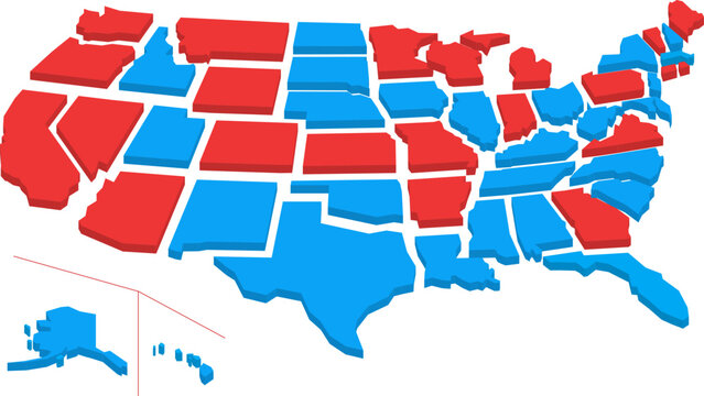 Vector map of the United States with states in red, blue, representing election results and voting trends.