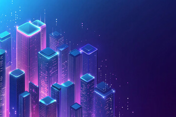 Fototapeta premium A futuristic cityscape at night with glowing neon skyscrapers and a deep blue sky creating a vibrant digital urban scene 