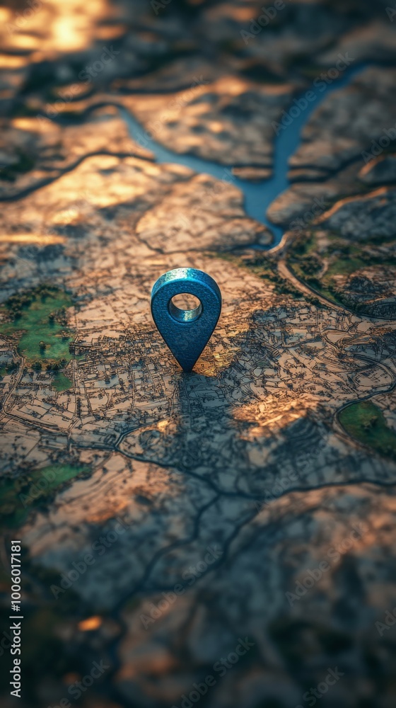 Poster Close-up of a 3d map with a location pin, concept of navigation and exploration