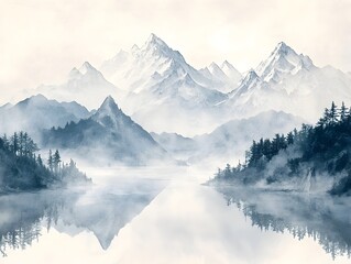 Obraz premium Majestic snow capped mountain range shrouded in misty atmospheric haze with a tranquil alpine lake reflecting the surrounding peaks evoked through the soft