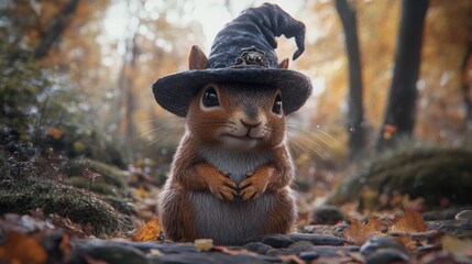 Cute Squirrel in Witch Hat in Autumn Forest