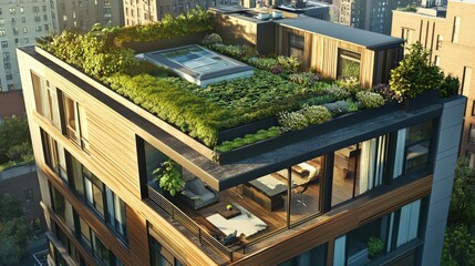 A rooftop garden on a sustainable urban building, providing greenery and insulation