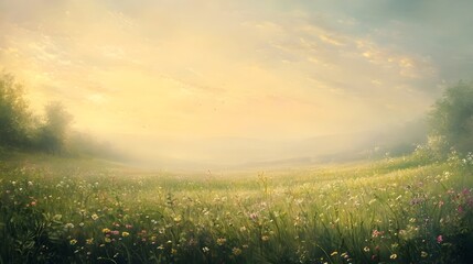 Obraz premium Dreamy pastel colored landscape of a serene meadow dotted with wildflowers wispy ethereal clouds and hazy golden sunlight rendered in a soft