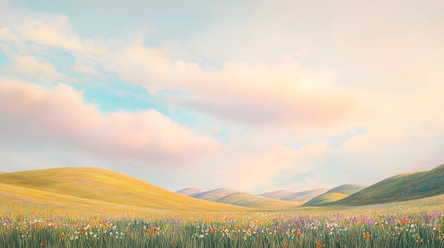 Serene pastel landscape with rolling hills soft gradient hues tranquil meadow filled with vibrant wildflowers wispy clouds drifting overhead and warm afternoon lighting