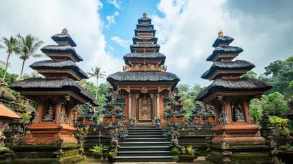 A stunning temple with traditional architectural features, including ornate carvings and tiered roofs