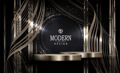 Beige composition with round frame and podium, tinsel and bamboo branches.