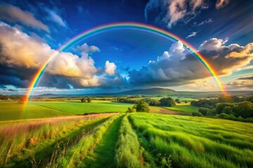 Naklejka premium A radiant rainbow stretches across a peaceful landscape, blending perfectly with the lush green fields beneath and the clear blue skies above, creating a stunning view.