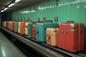 Retro vintage suitcases baggage control conveyor belt airport terminal check in.