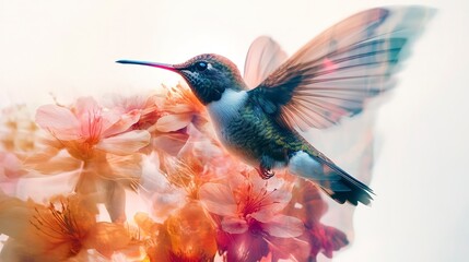 Obraz premium Double exposure photo of a flying hummingbird between flowers 