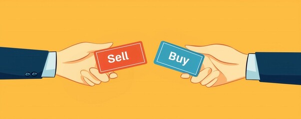 Hands exchanging cards labeled sell and buy, on a yellow background