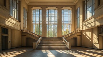 Obraz premium An interior architectural photograph of a grand staircase, with natural light streaming through large windows