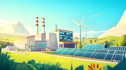 Obraz premium Simplified cartoon esque power facility featuring a compact green energy station with minimal yet efficient solar panels and wind turbines