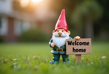 Obraz premium Lawn gnome holding a sign that reads Welcome home