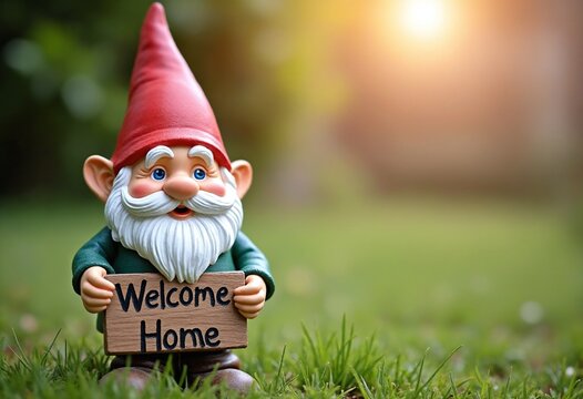 Lawn gnome holding a sign that reads Welcome home